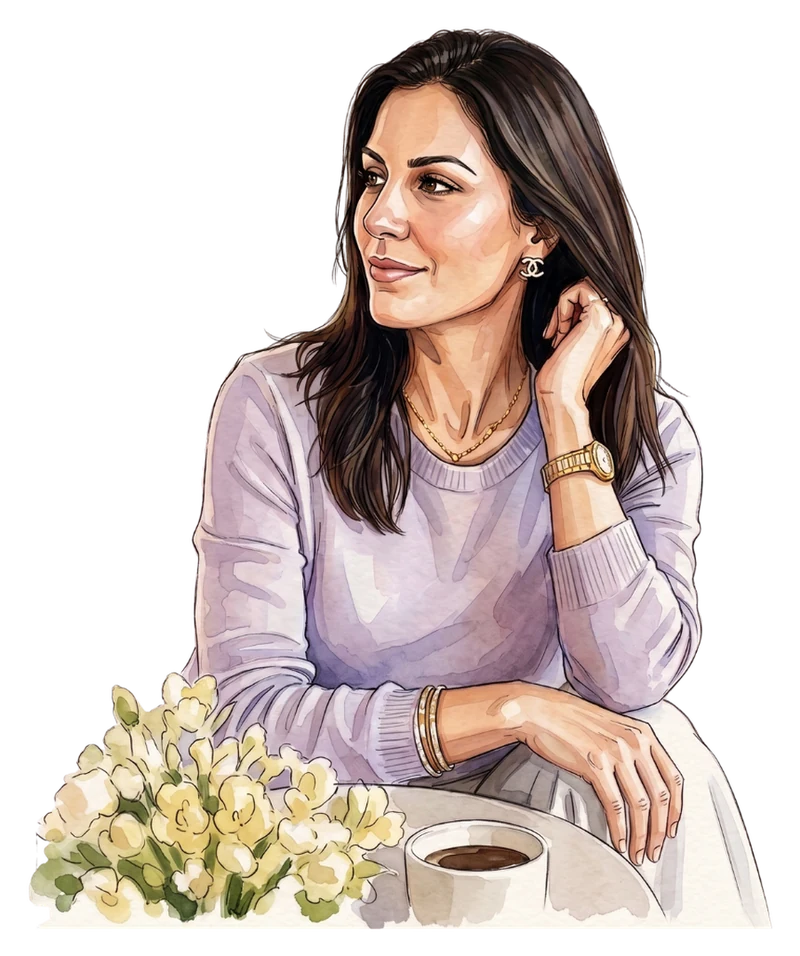 Watercolor portrait of Aysha Khan seated at a table with coffee and freesias