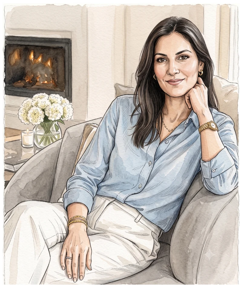 Watercolor portrait of Aysha Khan seated in an armchair by the fire