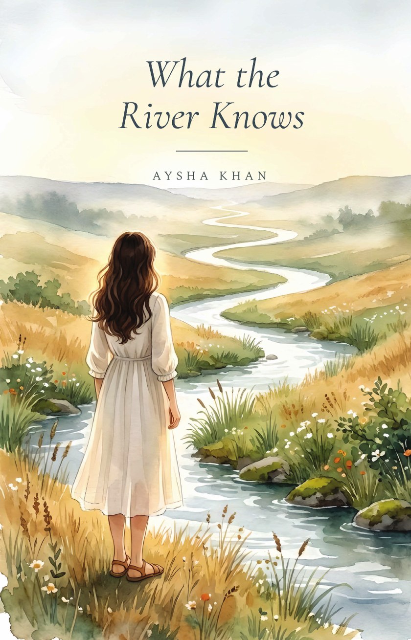 What the River Knows, a matte hardcover by Aysha Khan, a woman in a white dress standing beside a winding watercolor river
