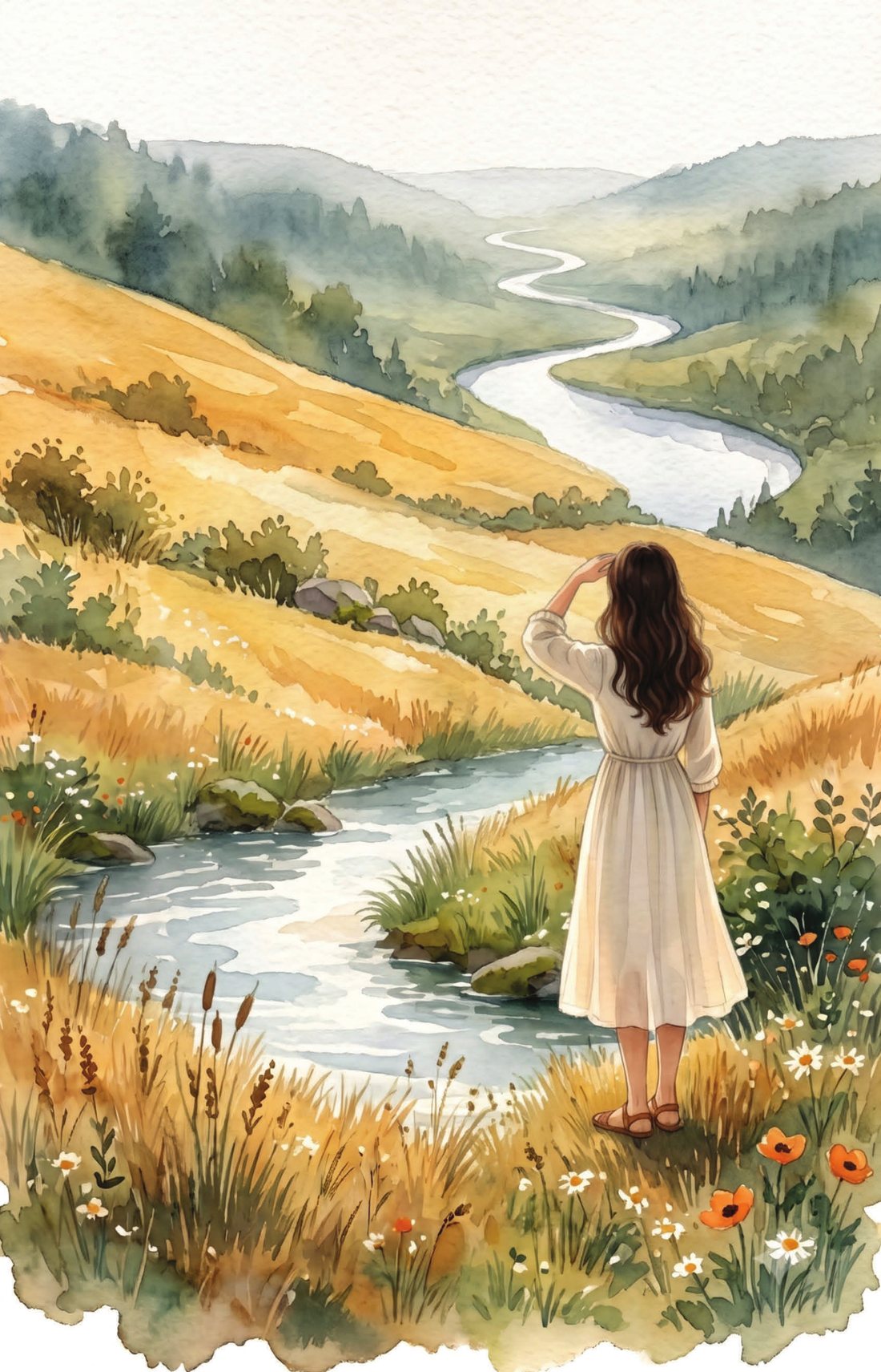 Watercolor painting: a woman looking out over golden hills toward a distant river