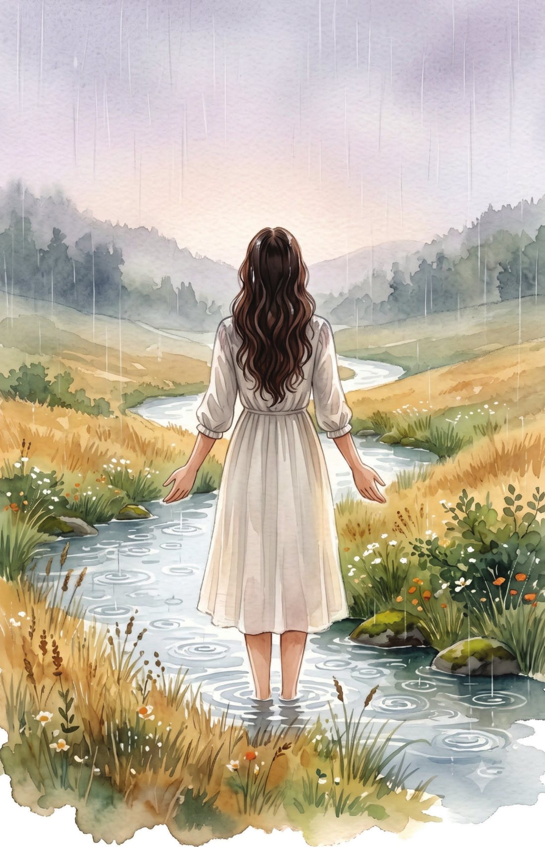 Watercolor painting: a woman standing in soft rain beside the river