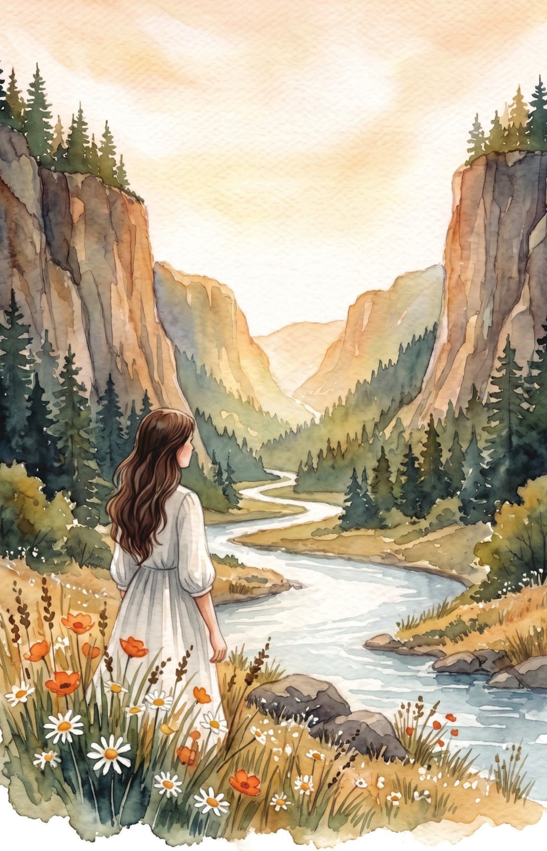 Watercolor painting: a woman resting among daisies below a canyon the river carved
