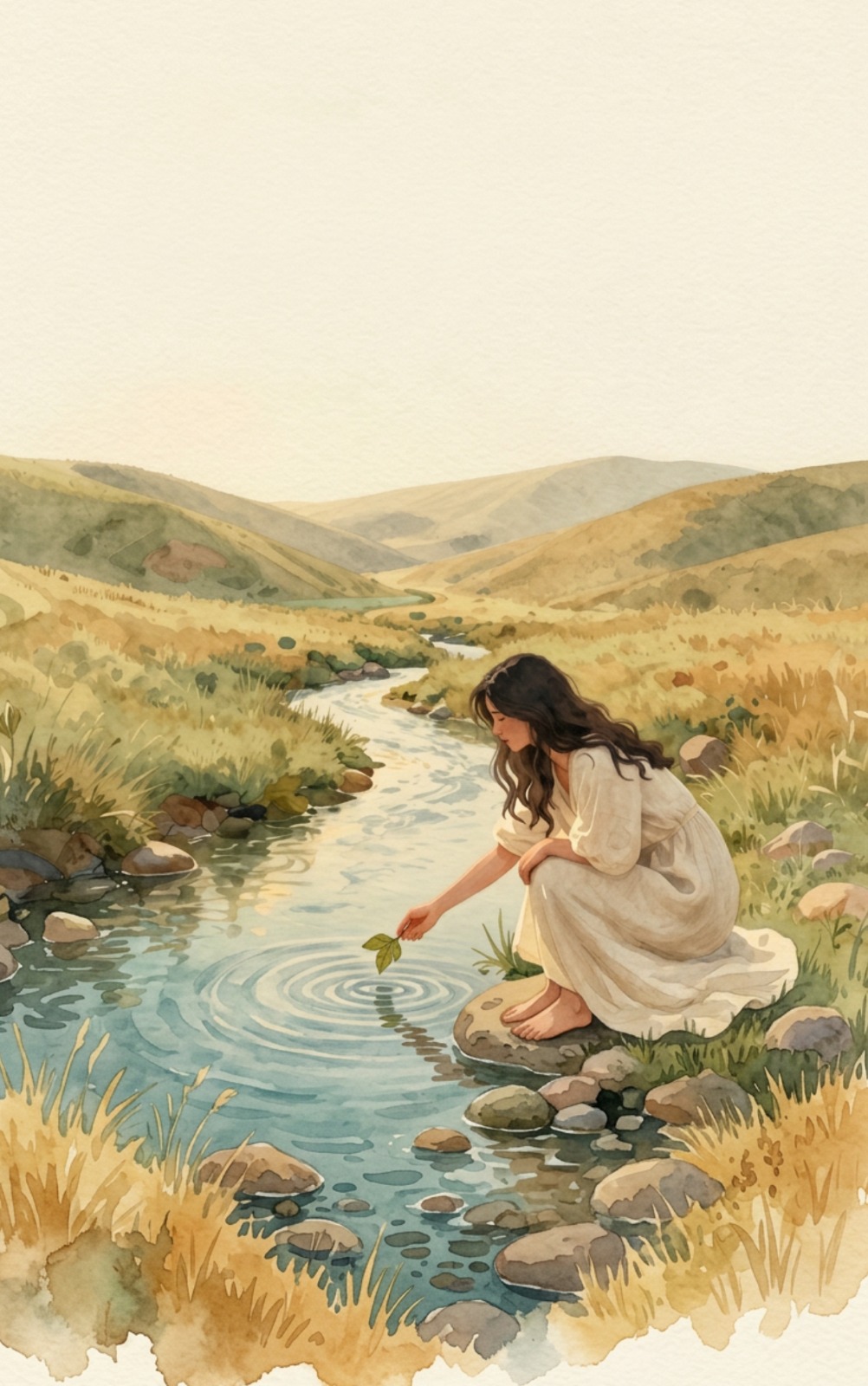A woman placing a leaf onto a stream