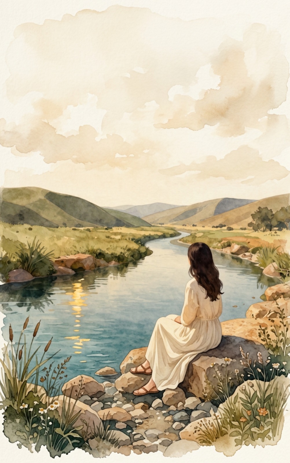 A woman seated quietly by the river